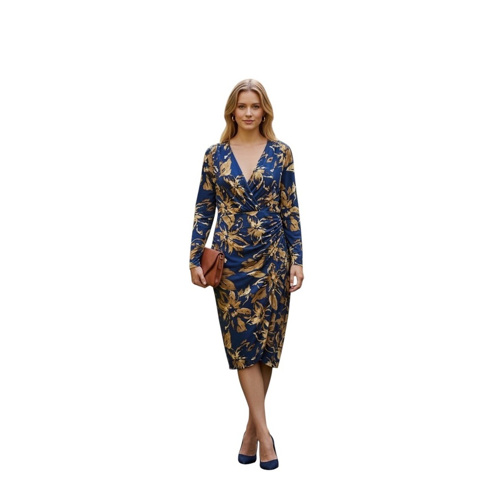 Lauren Ralph Lauren Navy Gold Floral Faux Wrap Ruched Sheath Dress Size 8